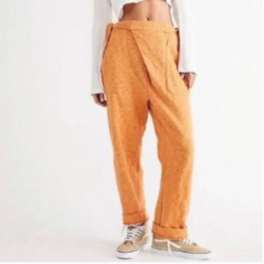 FREE PEOPLE FP Beach Orange Gold Garment Dyed Wash Side Tie Baggy Wide Leg Pants